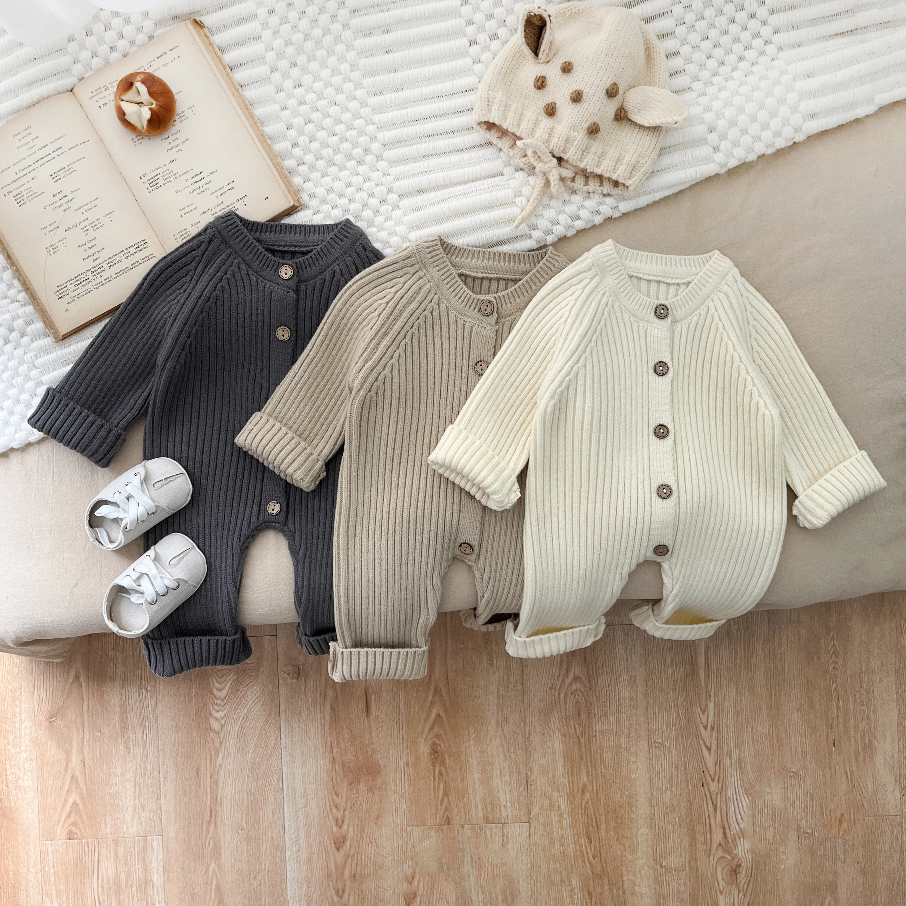 Winter Newborn Baby Boys And Girls Knitted Jumpsuit Thick Climbing Suit Children's Solid Color Casual Baby Soft Clothes