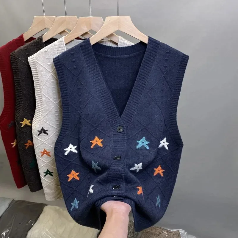 Knitted Vest Women's Sleeveless Jacket New 2025 Korean Autumn Loose V-neck Cardigan Sweater Vest Top Female Sweater Waistcoat