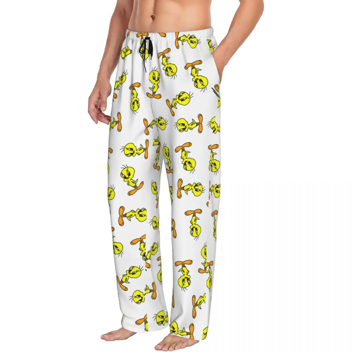 Custom Printed Men Yellow Bird Cartoon Games Tweetys Pajama Pants Sleepwear Sleep Lounge Bottoms with Pockets