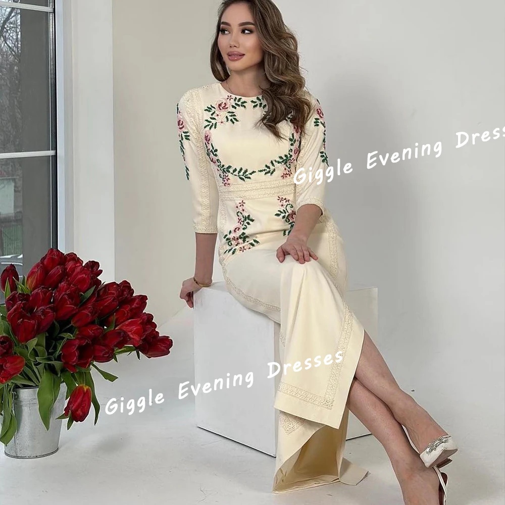 Giggle Customized Embroidery Flowers Three Quarter Prom Gown Saudi Arab Ankle-Length Slit Evening Party Dresses for Women 2024