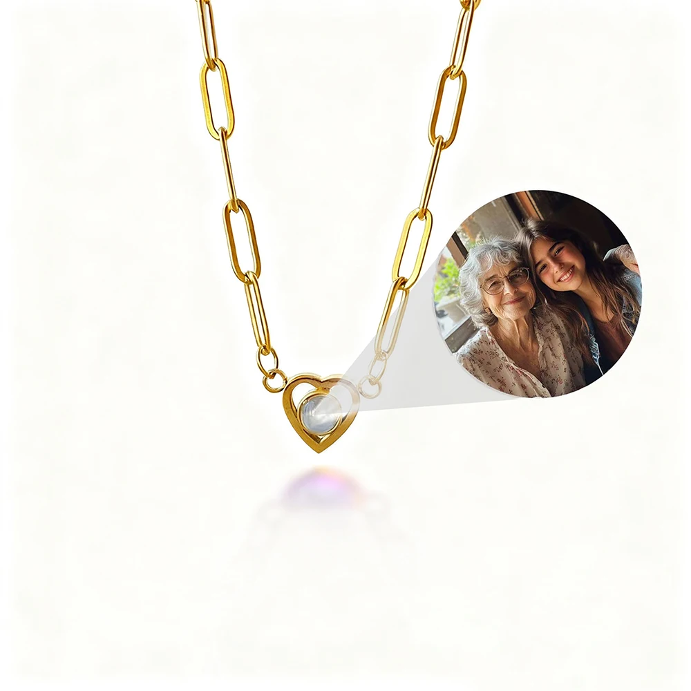 

Custom Photo Projection Necklace Personalized Stainless Steel Pin Chain Heart Projection Pendant Couple Holiday Jewelry Gift