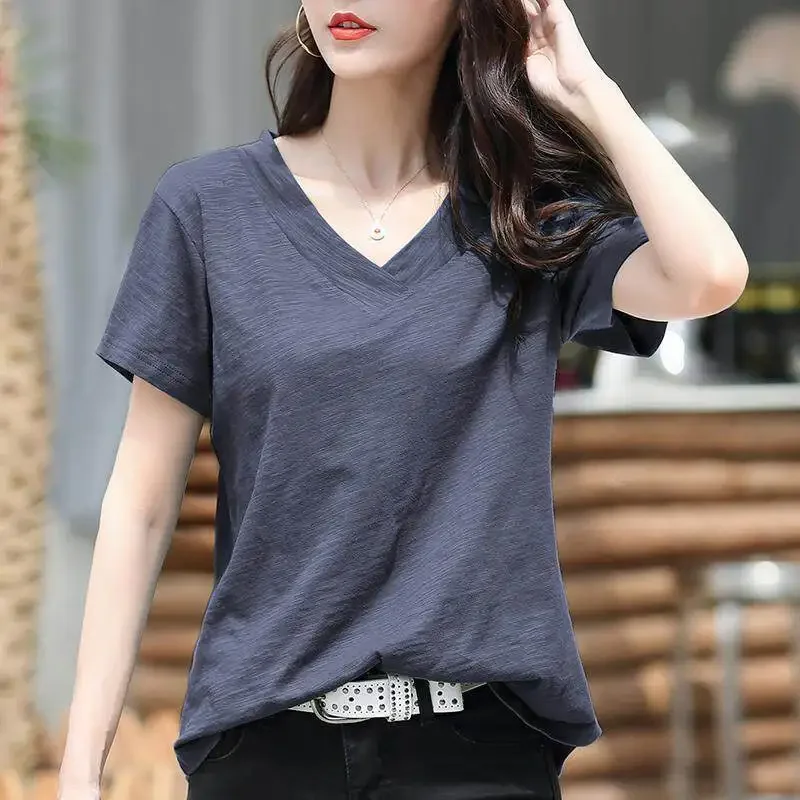 Summer Women's V Neck Short Sleeve T-Shirt Casual Loose Fit Slub Cotton Blouse Chic Lady Commute Daily Wear Basic Top Y2K
