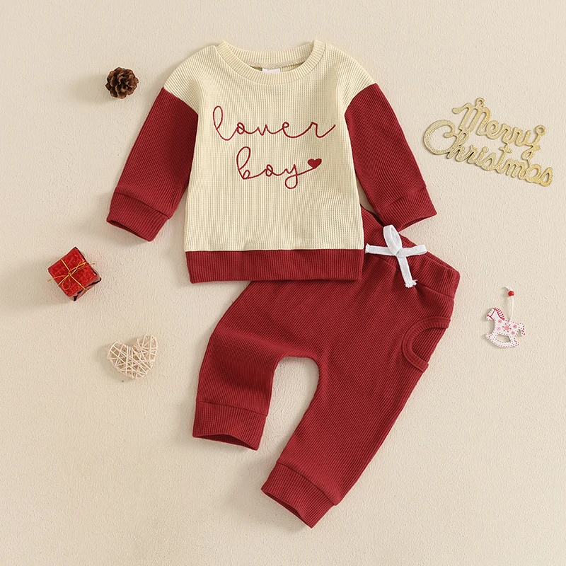 Vestiti per San Valentino per bambini Adorabile set di felpe con cappuccio e pantaloni con stampa di cuori per ragazzi e ragazze Completo con ricamo di lettere d'amore 2