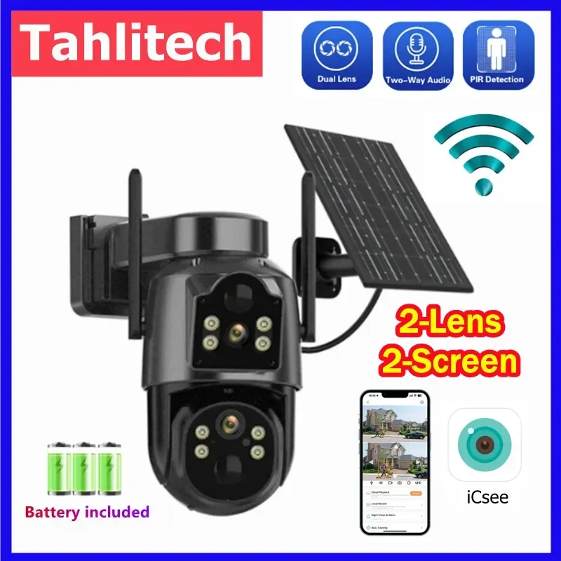 Outdoor Wireless Solar Camera, Dual Lens PTZ, WiFi and 4MP for Longer Standby and Video Surveillance APP iCsee