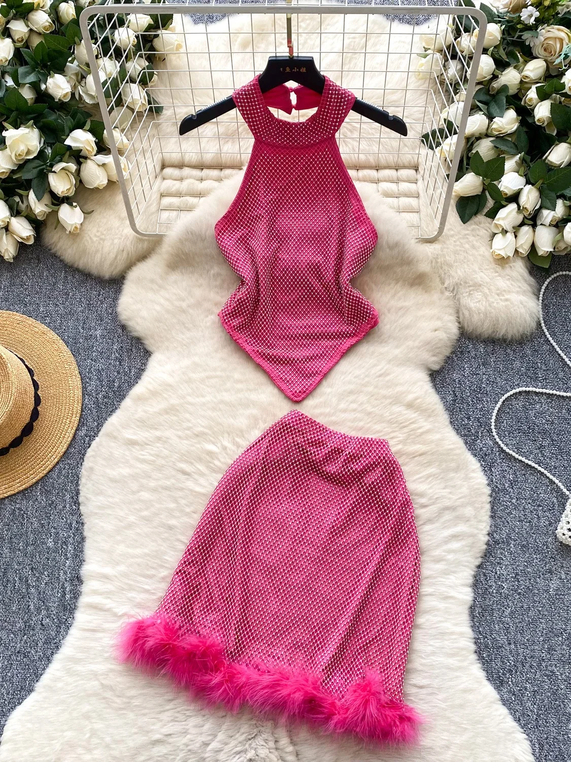 

Сексуальный жилет Spicy Me с бриллиантами и юбкой ort, комплект нестандартной формы с высокой талией, модный летний наряд для женщин