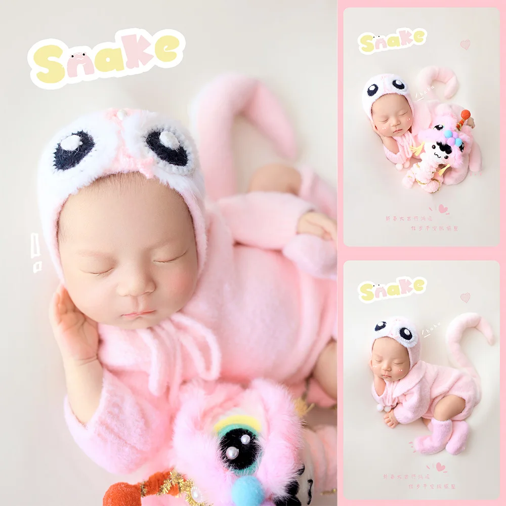 Pink Snake Photography Theme Cute Mohair Knitted Hat+Socks+Baby Bodysuit with Tail Set Twister Stick Snake Doll Baby Photo Props