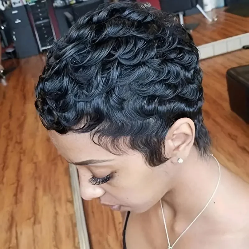 Perruque Bob Pixie Cut Brésilienne Naturelle avec Frange, Cheveux Courts Bouclés, Faite à la Machine, Pas Cher, pour Femme Noire