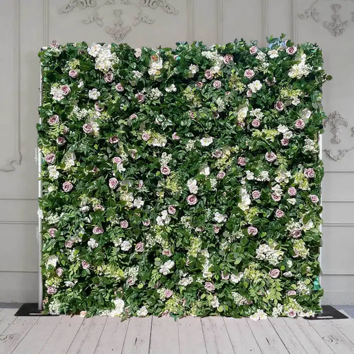 3D green leaves and pink roses artificial plant floral wall fabric rolled curtains outdoor wedding background proposal decoratio