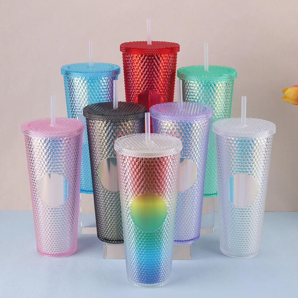 710ml Plastic Straw Cup Drinking Cup Double-Walled Rhinestone Rivet Cup with Lid Water Tumbler Large Capacity for Home & Outdoor