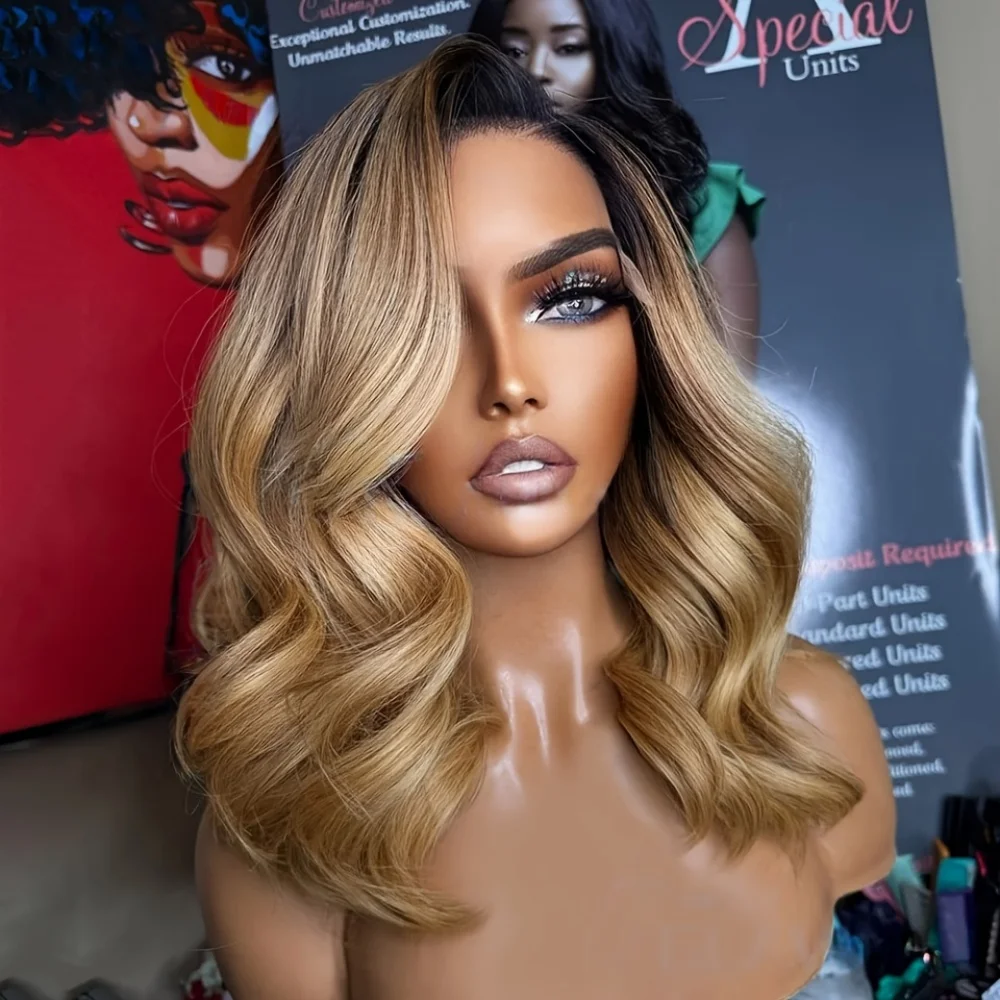 Peluca de Cabello Humano 100% con Ondas Suaves Ombre Blond de 16 Pulgadas, Encaje Frontal 5x5, Densidad 150, con Cabello de Bebé Pre-Arrancado, Suave