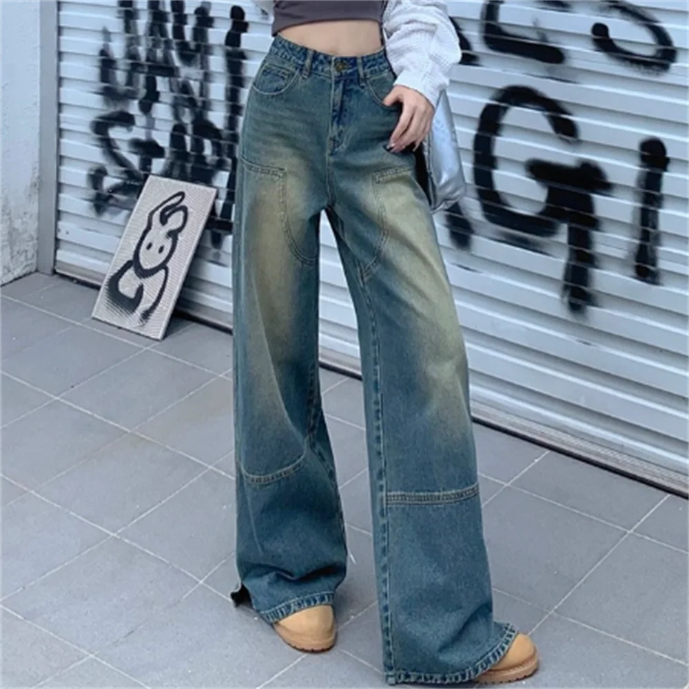 

Denim wide-leg causal jeans loose straight tube splicing long denim trousers women