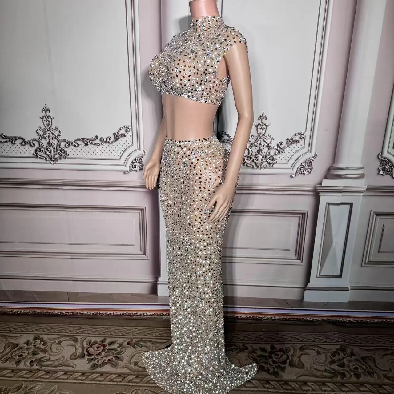 Sleeveless 2 Pieces Set Outfit Evening Birthday Top Long Skirt Rhinestones Transparent Mesh Dresses
