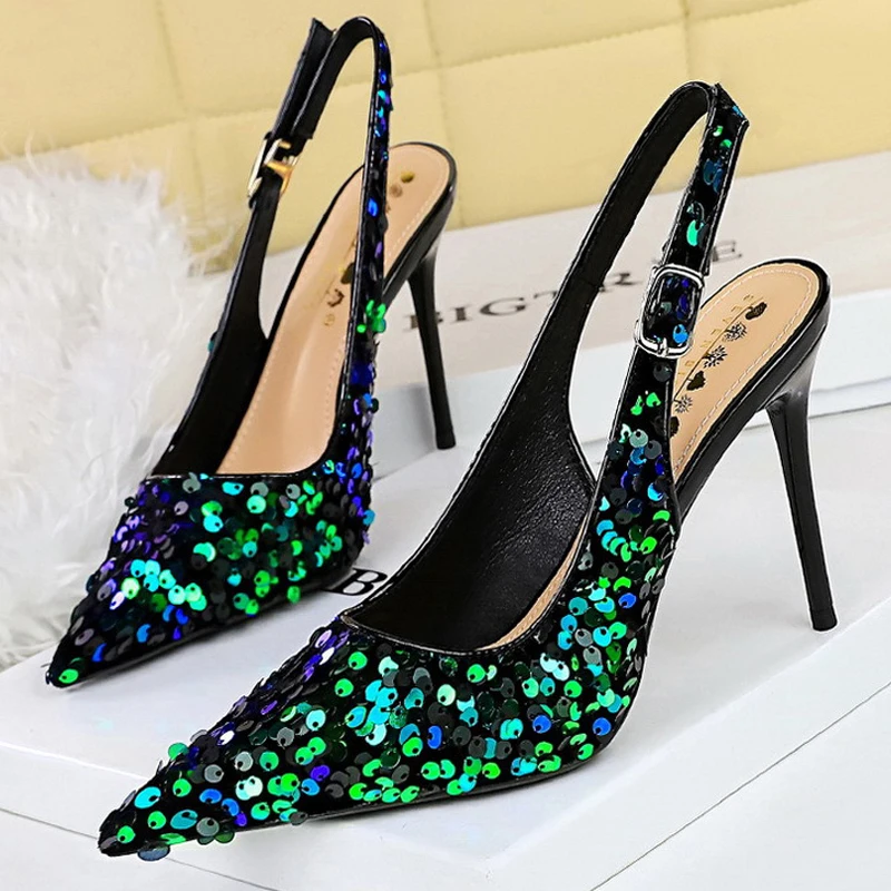 

BIGTREE Spring Fashion Sequined Cloth Woman Pumps Pointed Toe Thin Heels Hollow Buckle Strap Wedding Party Elegant Ladies Shoes