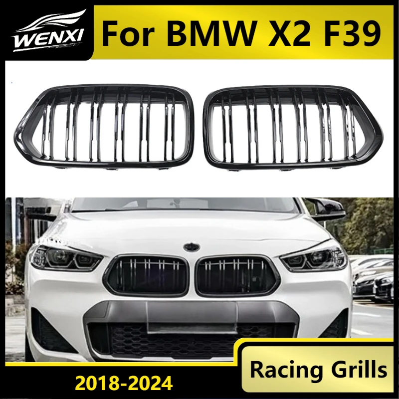 

For BMW X2 F39 Front Bumpers Kidney Grilles Gloss Black Double Slat Grille Racing Grills AUTO Replacement 2018-2024