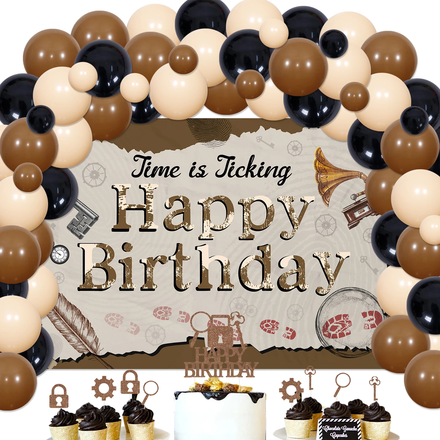 

Escape Room Themed Backdrop Balloon Garland Set, Vintage Mystery Birthday Party Decor, Brown and Black