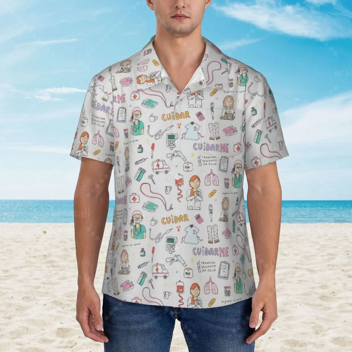 

Cartoon Ladies Nurse Hawaiian Shirt Men Short Sleeve Casual Floral Print Beach Shirt Summer Vacation Shirt