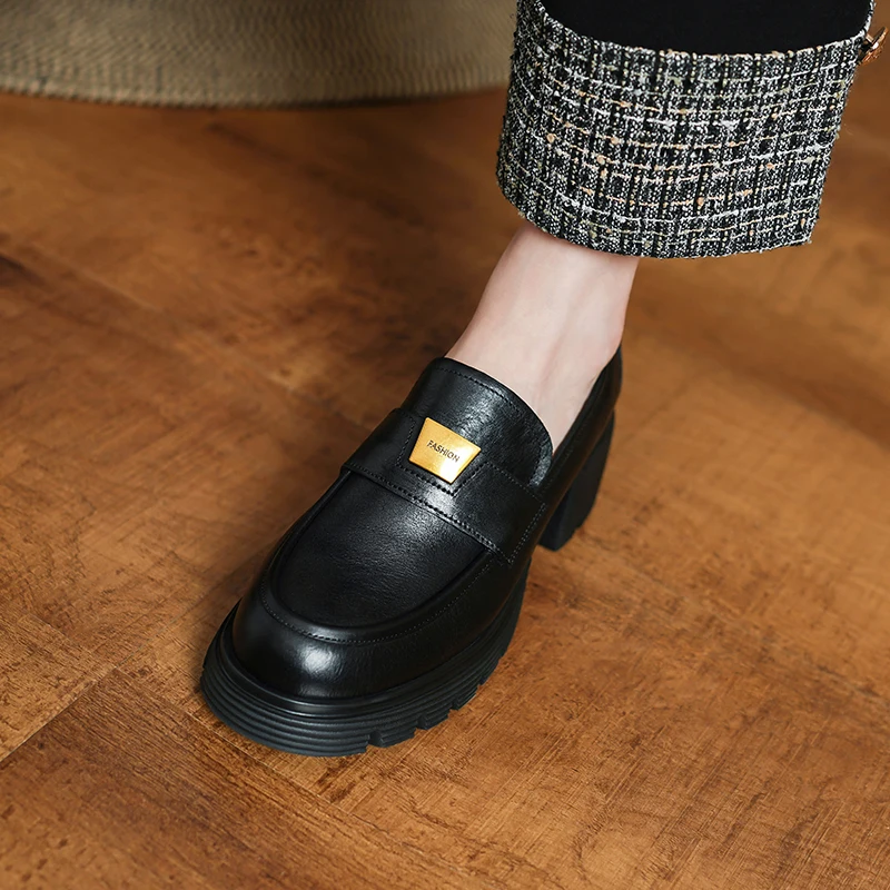 

Round Toe Real Leather Women Pumps Spring Autumn Cowhide Thick Heel Loafers Slip-On Lady Buckle Pumps Dress Prom Career Shoes