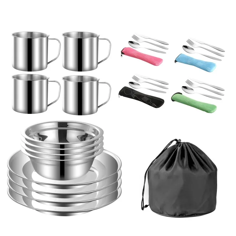 1 Set Stainless Steel Camping Tableware Kit Portable Dinner Set Bowls Plates Cups Forks Spoons Knives for 4 People Outdoor Camping