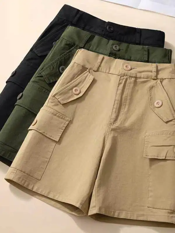 

High Waist Cotton Shorts Women's Summer New Five-Quarter Casual Wide Leg Utility Pants Pocket Detail Comfortable Breathable