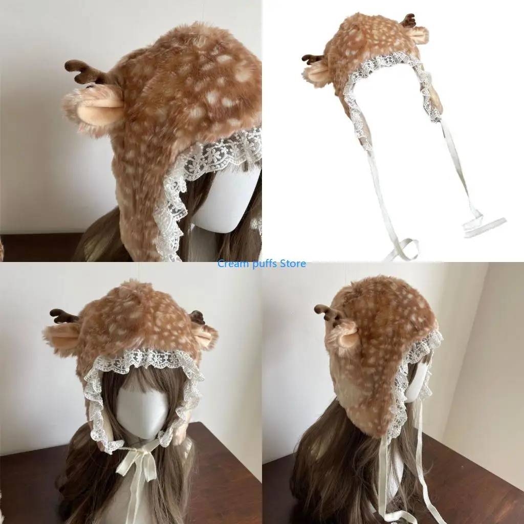 50LE Girl Cartoon Deer Leg Warmer Thicken Furry Deer Hat for Climbing Skiing Sports Headwear Deer Oversized Hat