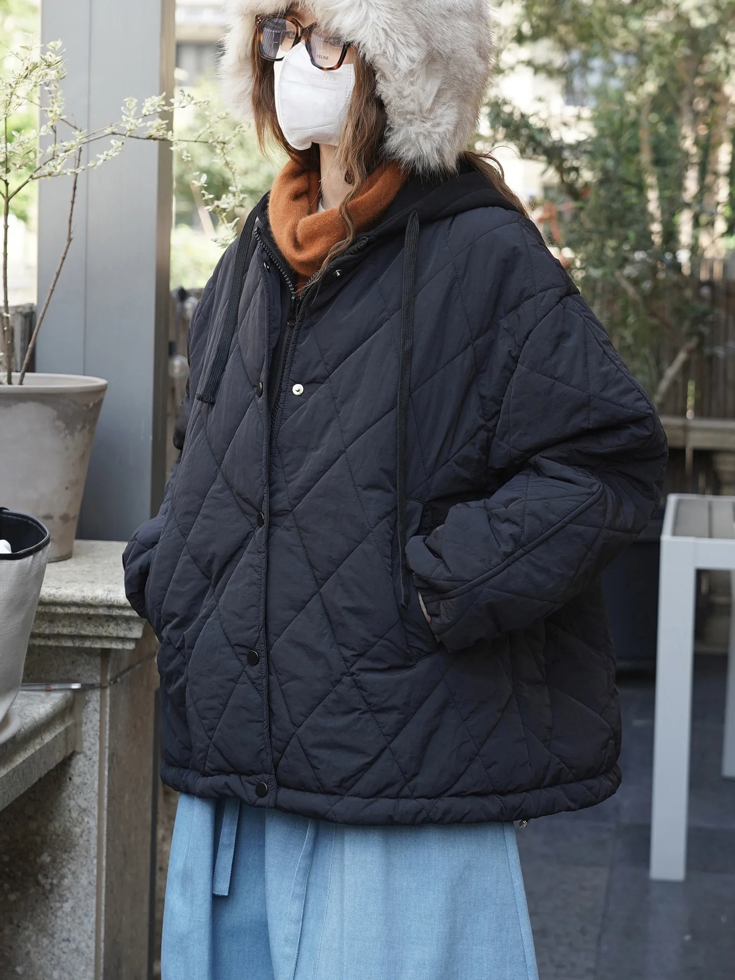 

Winter new diamond shaped hooded single breasted short cotton jacket, loose and soft, skin friendly jacket for women