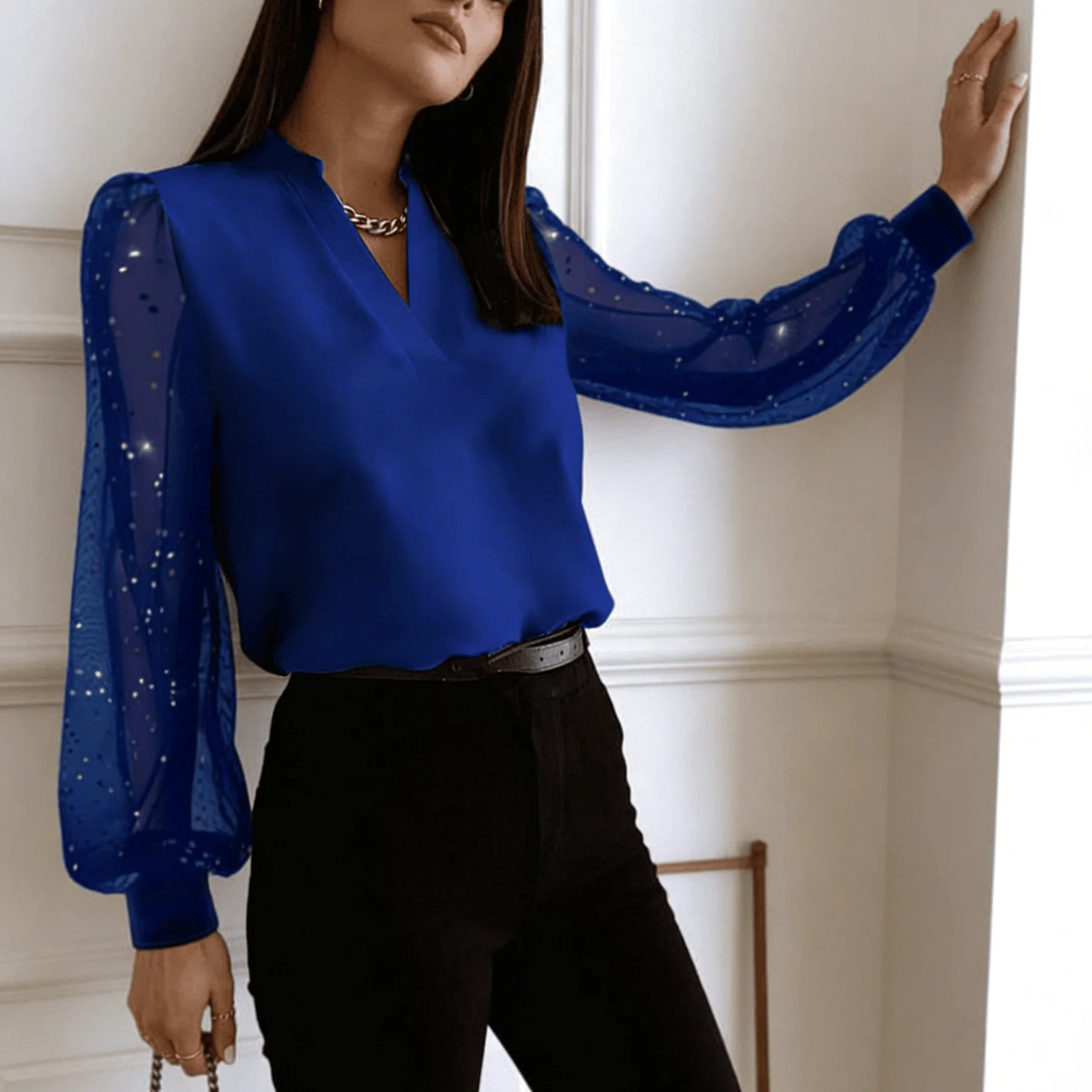 Lente Zomer Dames Blauwe V-hals Blouse Mesh Splitsen Glitter Pofmouwen Chiffon Shirt Lichtgewicht Casual Kantoor Dagelijks Top
