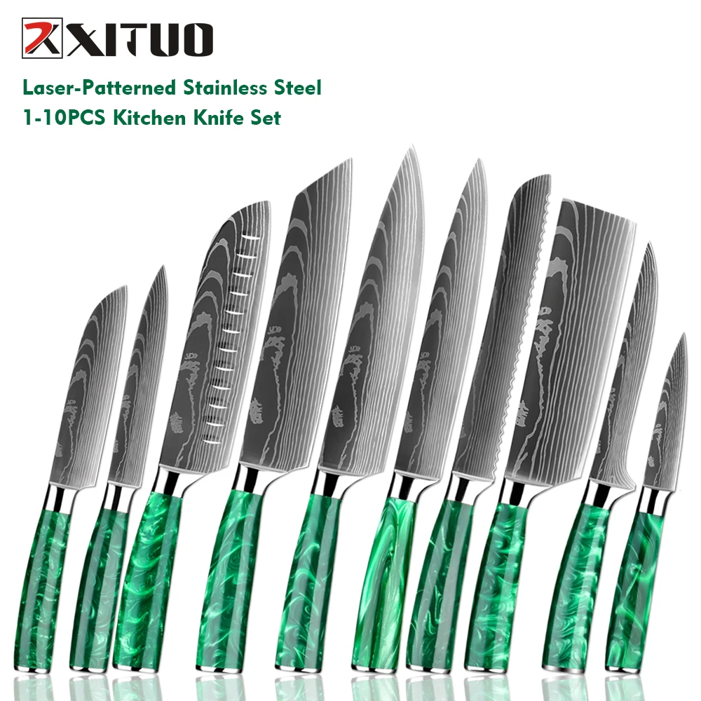 

Kitchen Knives Set 1-10PCS 7Cr17MoV Stainless Steel Blade Laser Damascus Pattern Chef,Santoku,Boning Knife Green Resin Handle