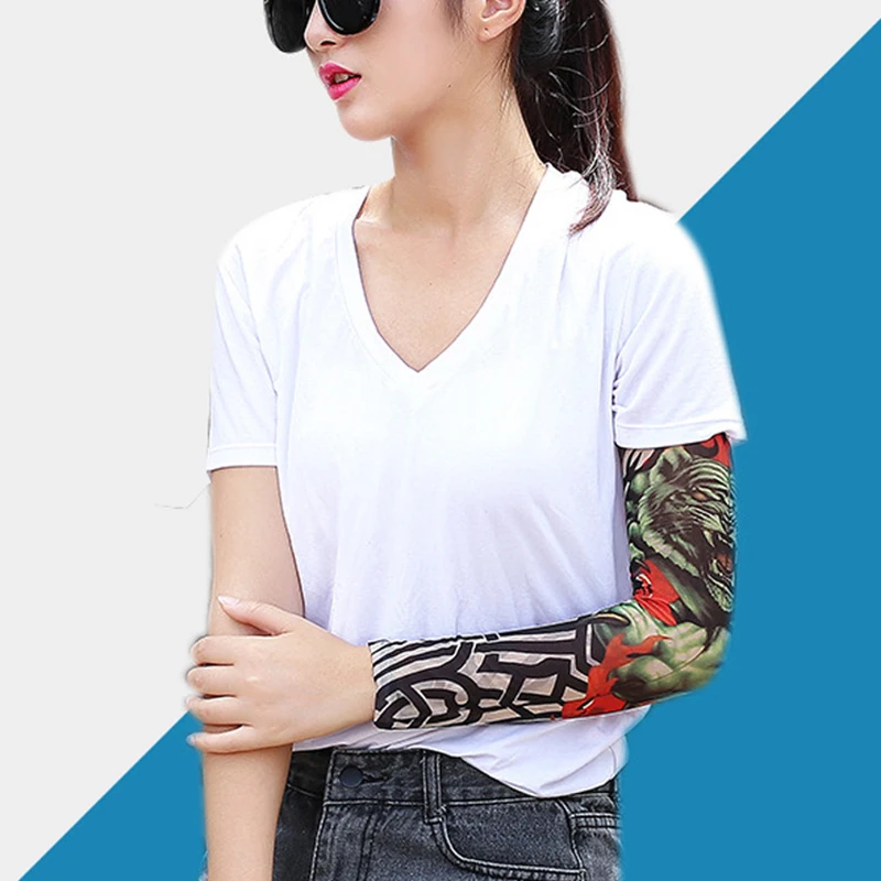 1 Pc Summer Tattoo Sleeve UV Solar Arm Cover Cycling Cuff Quick Drying Cool Breathable Ice Silk Anti-Sunburn Print Tattoo Sleeve