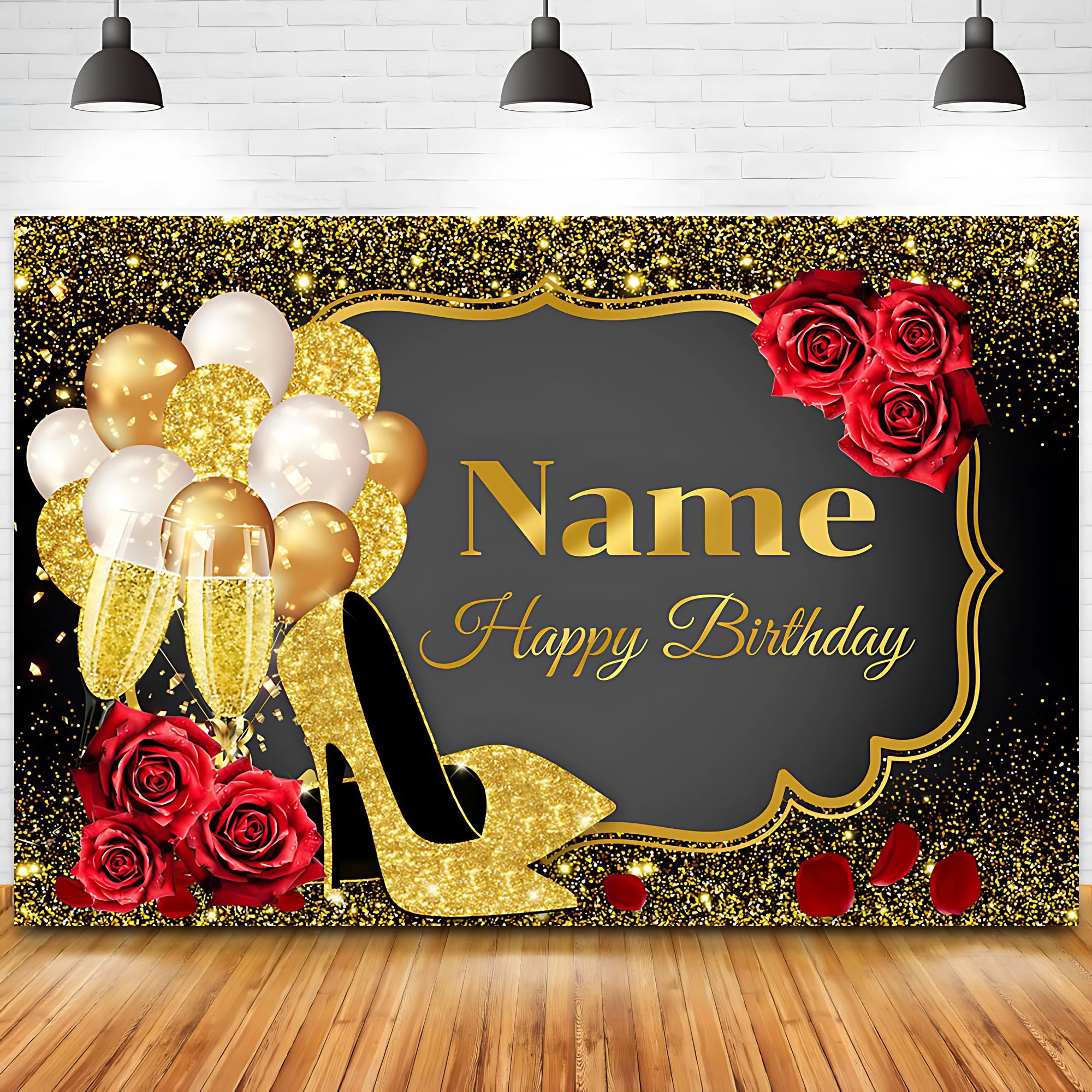 

Custom Name Red Pink Rose Flowers Golden Balloons Happy Birthday Heels Champagne Background for Women Party Banner Photo Props