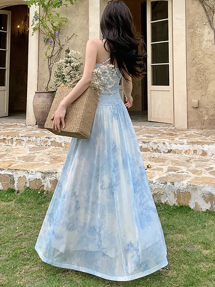 2025 Blue Print Chic Bow Ruffled Sling Sexy Long Dress Women Elegant Casual Beach Style Dress Summer Korean Bodycon Party Dress