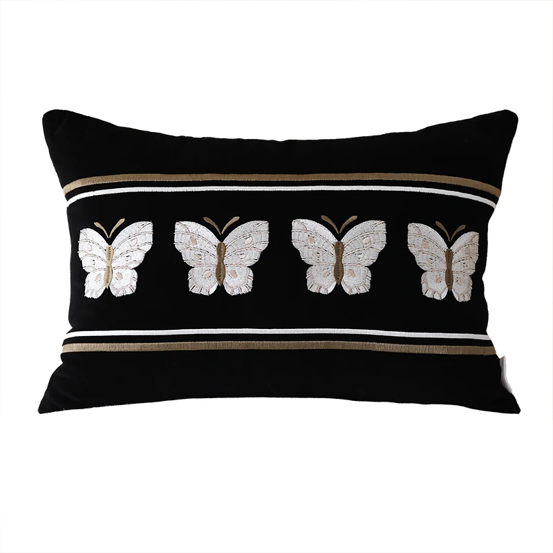 

French Embroidery Pillows Luxury Black Cushion Cover Decorative Case Country Style Butterfly Retro Living Room Sofa Bedding Deco