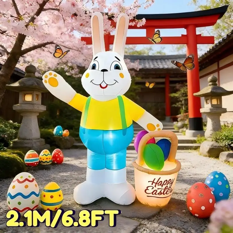

2.1M/6.8FT Easter DIY Inflatable Toy Decoration Rabbit with Basket LED Light-Up Ornament for Garden Yard Outdoor Holiday Decor
