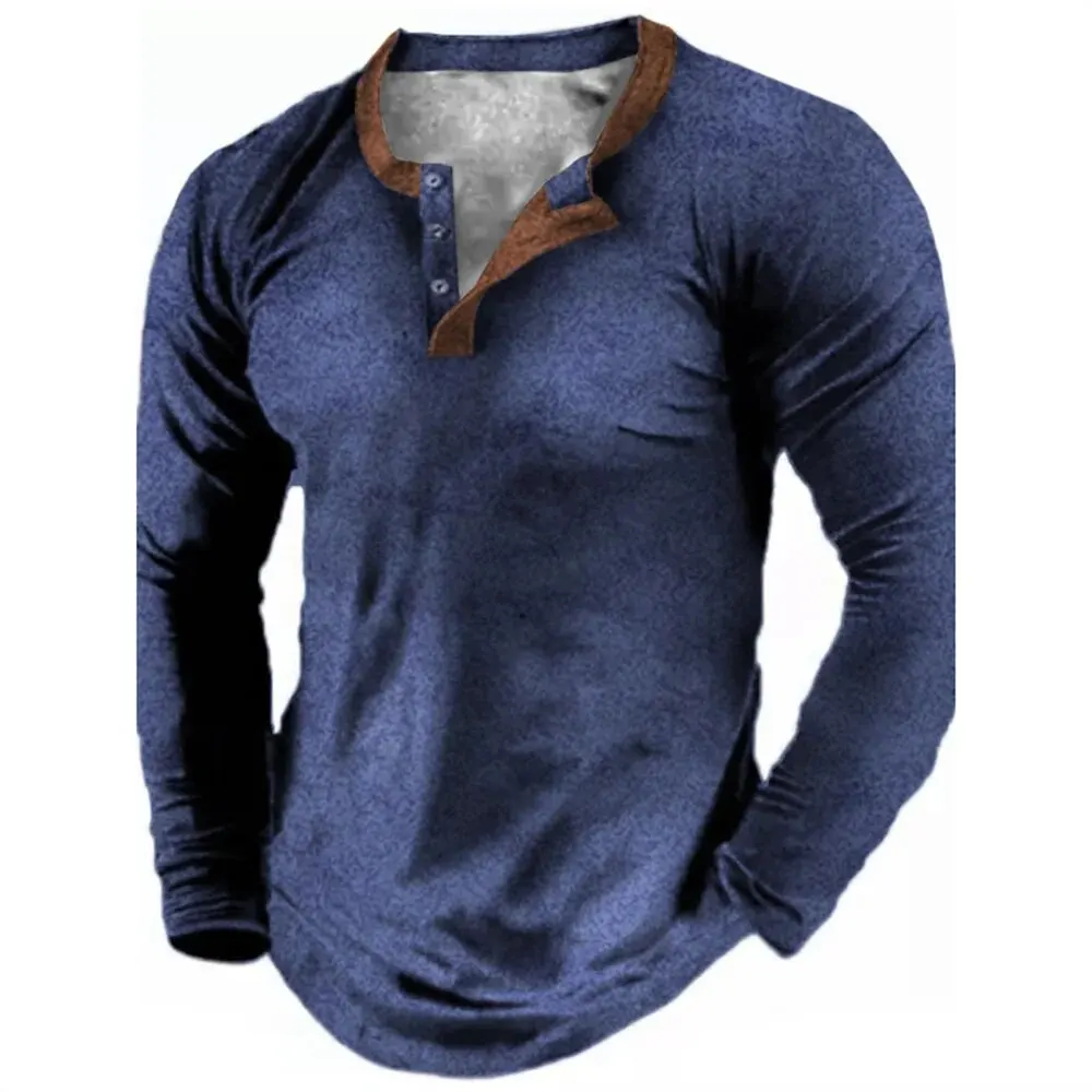 Spring Autumn Solid Color Henley Shirts 3D Printed Men\'s Fashion Vintage Button-Down Long Sleeve T Shirt Man Tees Tops Clothing