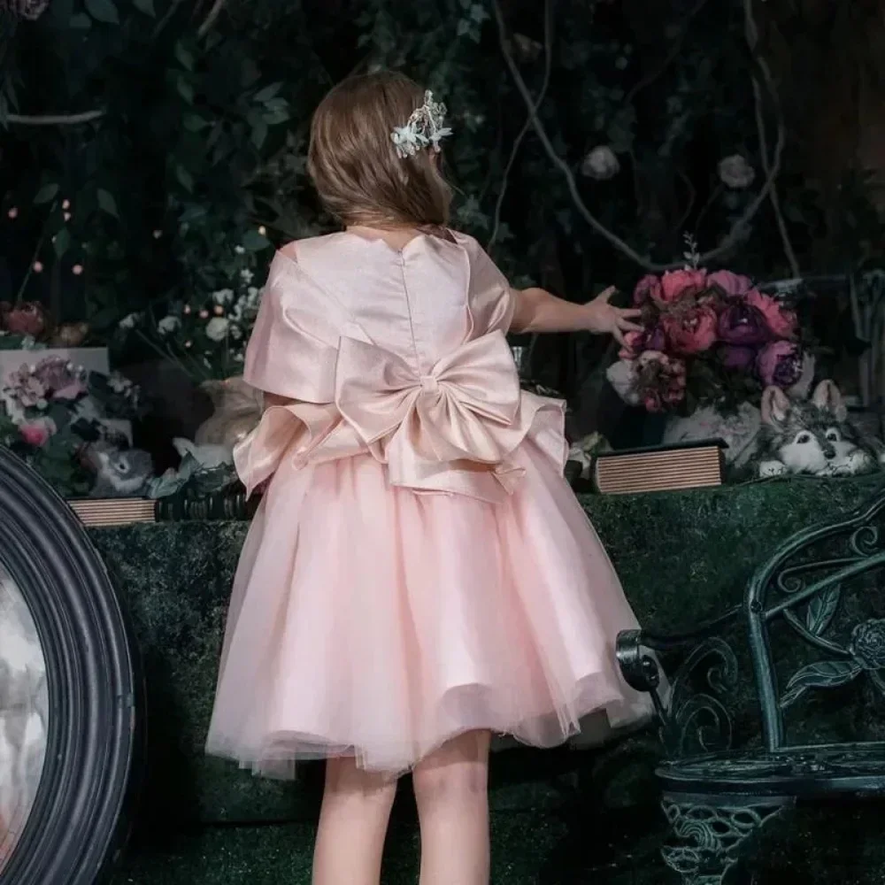 Princess Pink Off The Shoulder Flower Girl Dresses A Line Knee Length Kids Lovely Birthday First Communion Wedding Gowns