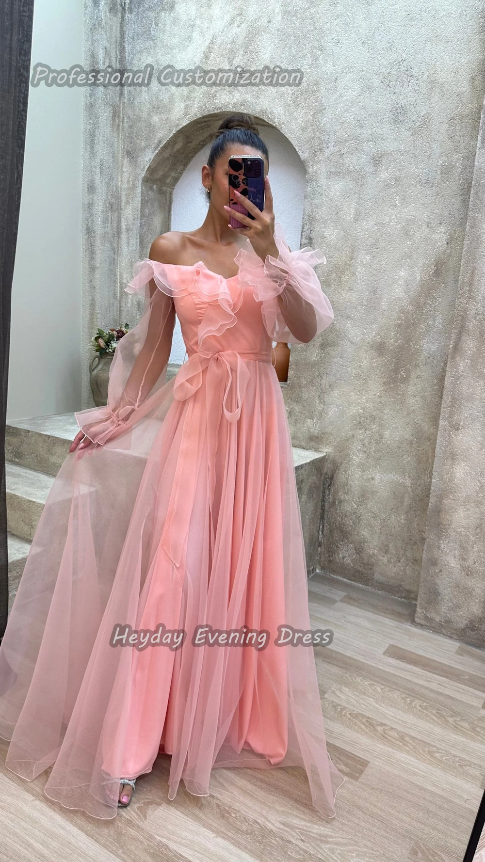 Heyday السعودية Off-the-shoulder Tulle Party Sexy A-Line Long Sleeves Ruffle Floor Length Elegant Dress For luxurious Woman 2024