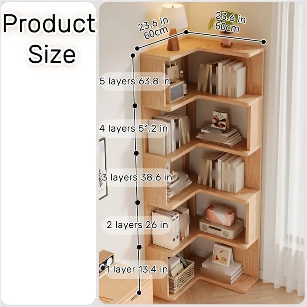 

Corner Bookshelf, Multi-Layer Shelf, Solid Wood Floor-Standing Bookcase, Wall Bookshelf, Suitable for Living Room, Bedroom and S