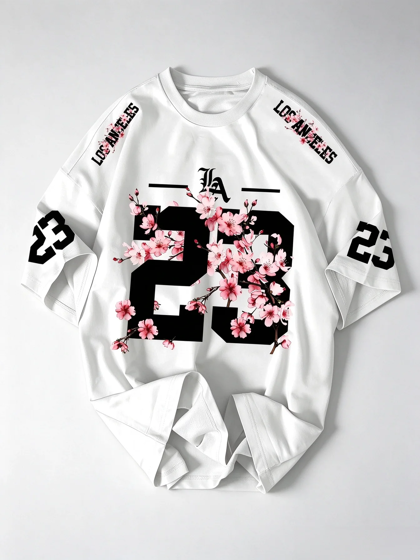 Los Angeles 23 Cherry Blossom Graphic T Shirt Men Oversized Streetwear Short Sleeve  Sakura Print Tee Family Matching Clothing
