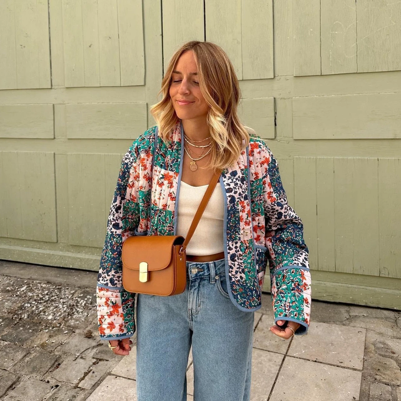 

Suninheart Women Autumn Quilted Jacket Short Floral Print Jacket Coat with Pocket Casual Office Lady Parkas