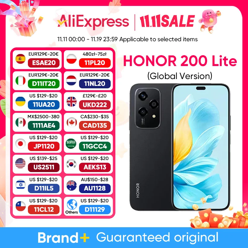 الإصدار العالمي للهاتف الذكي HONOR 200 Lite 5G Mediatek Dimensity 6080 6.7 "90 هرتز AMOLED Display 108MP الكاميرا الرئيسية بطارية 4500 مللي أمبير في الساعة