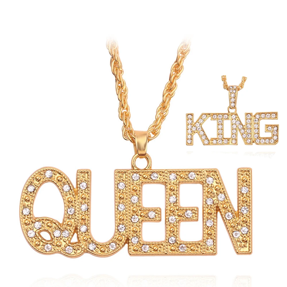 Men Hip Hop Full Rhinestone King Queen Pendants Necklaces Bling Bling Iced Out Cuban Link Chain Hiphop Necklace Men Jewelry Gift