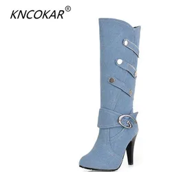 denim high-heeled boots thin heels boots women's shoes spring and autumn high-leg boots  boots