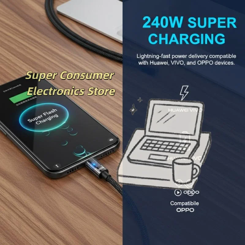 240W PD3.1 Nylon Braided USB-C Cable – Super Fast Charging & Data Sync for Samsung, Xiaomi, Huawei Phones, 6A E-Marker Supported