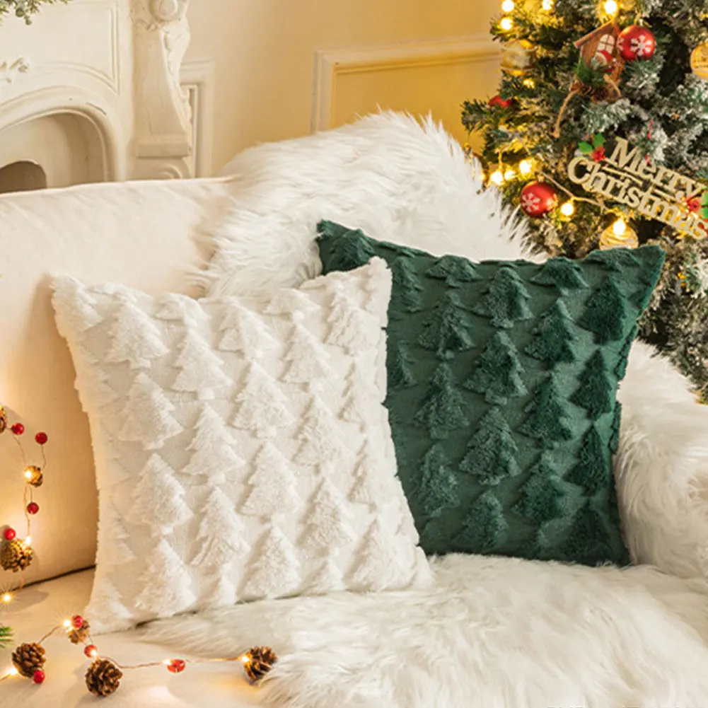 Christmas Tree Square Throw Pillow Cases Snowflake Shaggy Plush Pillow Cases Sofa Cushion Cover Pillowcase Home Christmas Decor