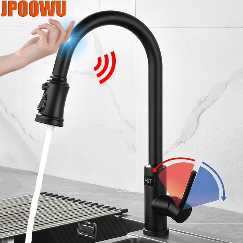 

LED Digital Touch Faucet Kitchen Sink Hot Cold Mixer Tap Deck Mount Stainless Steel Pull Down Tap Stream Water Smart Swivel Taps