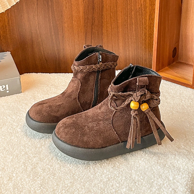 Girls Ankle Boots Versatile Fashion Kids Princess Boots with Side Zipper 2025 Autumn Winter Children Short Boots Sweet Tassels