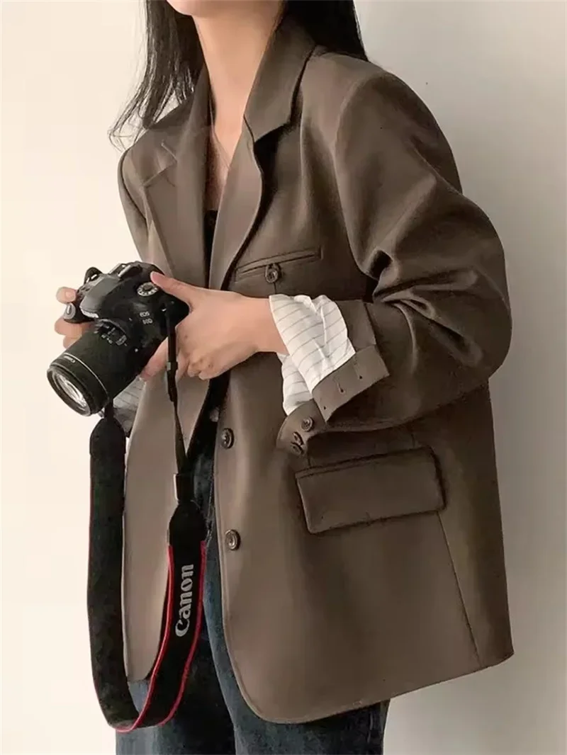 ポップポップファッション春カジュアルルーズ女性のスーツジャケット女性オフィス長袖ノッチ襟ボタンブレザーシックな通勤ワーク