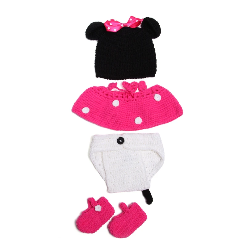 Vêtements de photographie de nouveau-né mignons, chapeau au crochet fait main de dessin animé, couvre-couche, jupes et ensemble de chaussures, accessoires photo de prise de vue polyvalents pour bébé