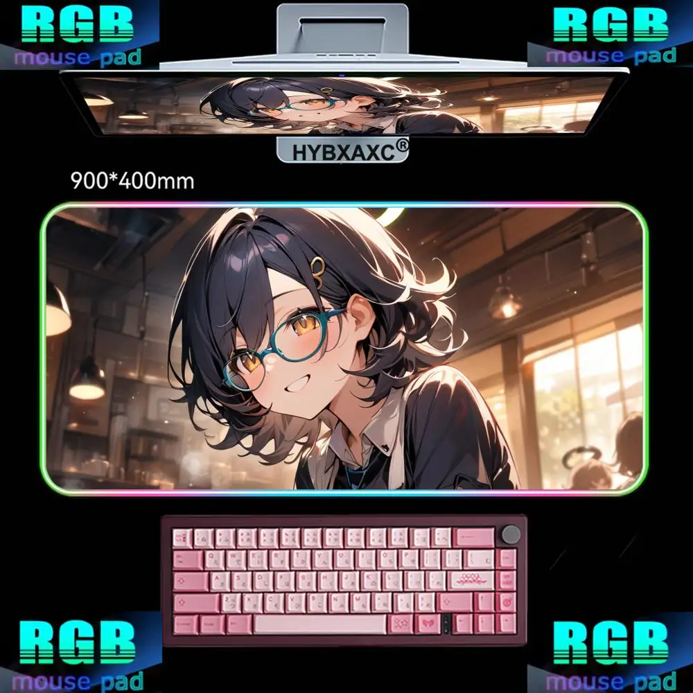 

XXL HYBXAXC Mouse Pad RGB Gaming Mouse Pad Desk Mat HD Gamer Large LED Light XXL KAGAMI CHIHIRO Blue Archive Game RGB Mousepad