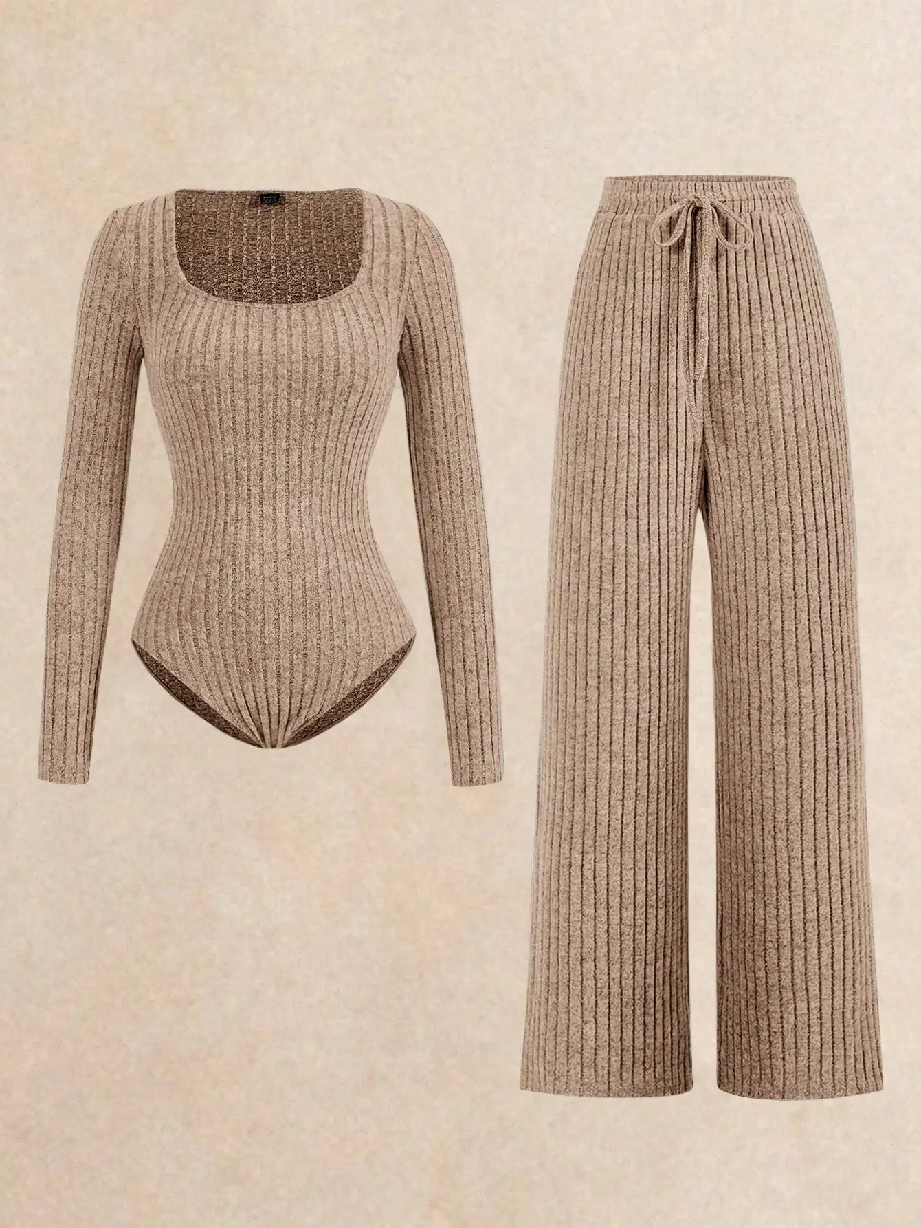Ribbed 2-Piece Set: Long Sleeve Bodysuit & Wide Leg Pants for Casual Loungewear, Autumn Winter