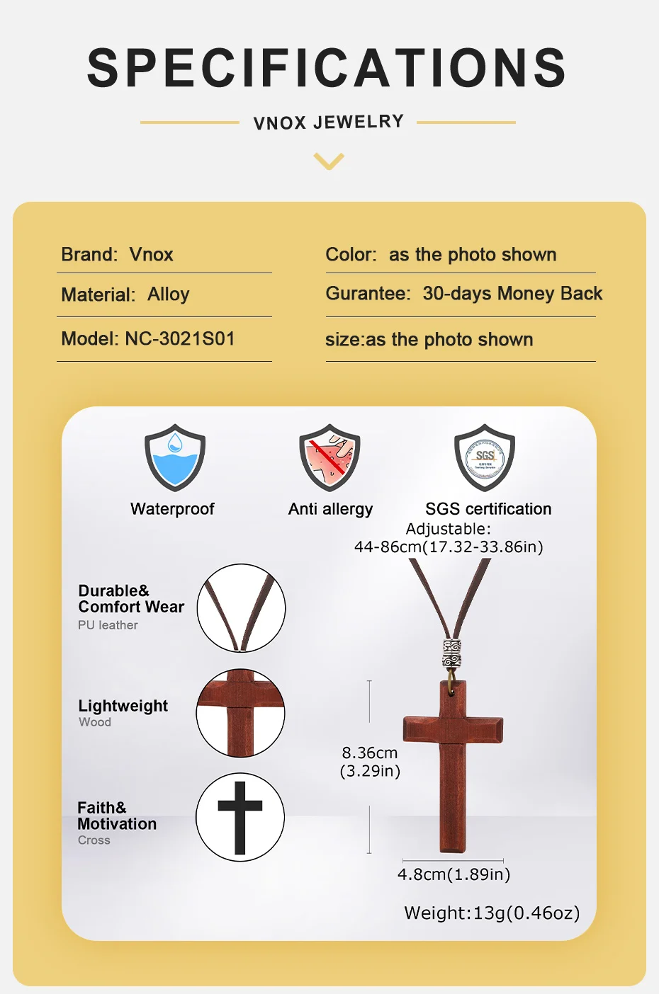 Vnox Vintage-Halskette mit Holzkreuz-Anhänger für Männer und Frauen, verstellbares 44–86 cm langes Lederband, christliches Gebetsamulett, Schmuck, Geschenk – Detail 5